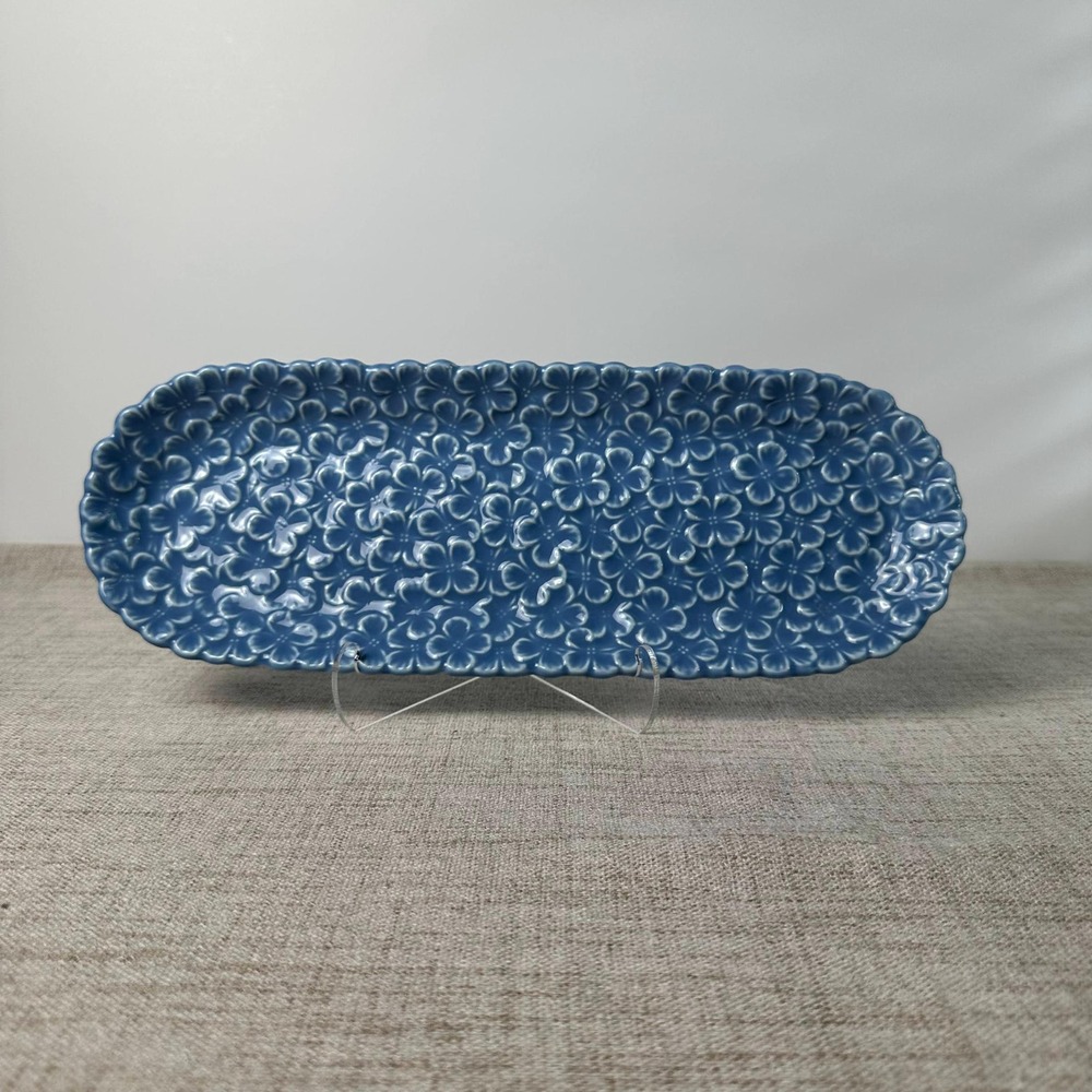 Two's Company Blue Hydrangea Porcelain Serving Platter Floral Embossed 12"